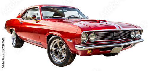 Classic red muscle car parked in bright sunlight on transparent background photo