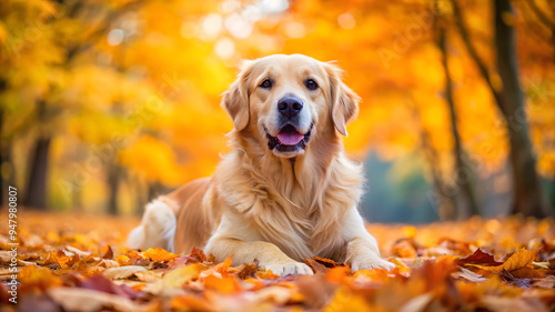 golden retriever lying amidst a bed of autumn leaves