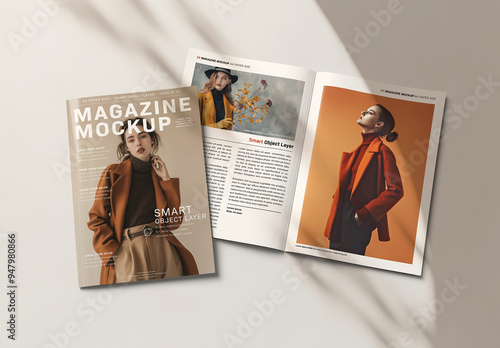 Isolated Magazine Cover and Open Magazine Mockup with Soft Shadows