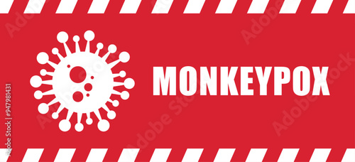 Monkeypox virus cells outbreak wide medical banner. Monkey pox virus cells on red science background. Monkeypox microbiological wide background