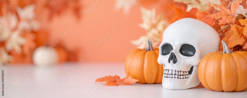 Spooky Halloween Setting with Skull, Pumpkins, and Autumn Leaves Spooky Halloween Setting with Skull, Pumpkins, and Autumn Leaves