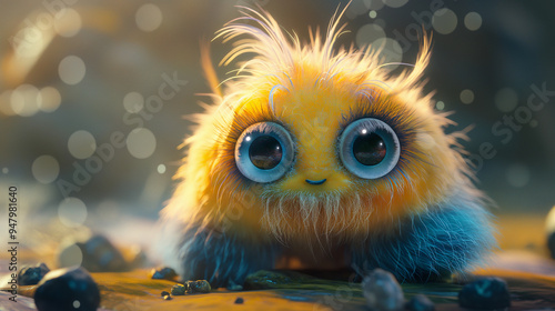 A fuzzy yellow creature with big eyes is sitting on a rocky surface