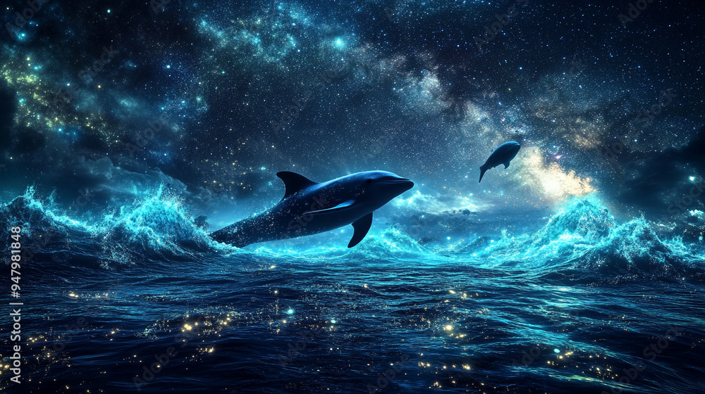 Fototapeta premium Dolphins leap through glowing waves under a starry night sky in a surreal ocean landscape
