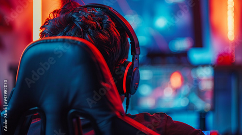 Close-up of a gaming chairâs headrest, with the gamer leaning back during an intense moment in the game.