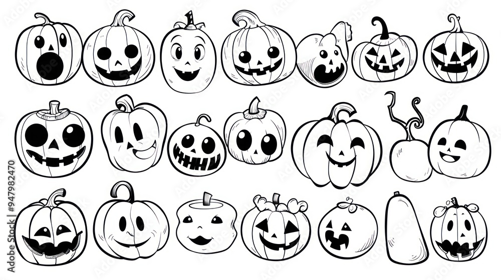 A collection of black and white pumpkin illustrations with various facial expressions. A collection of black and white pumpkin illustrations with various facial expressions.