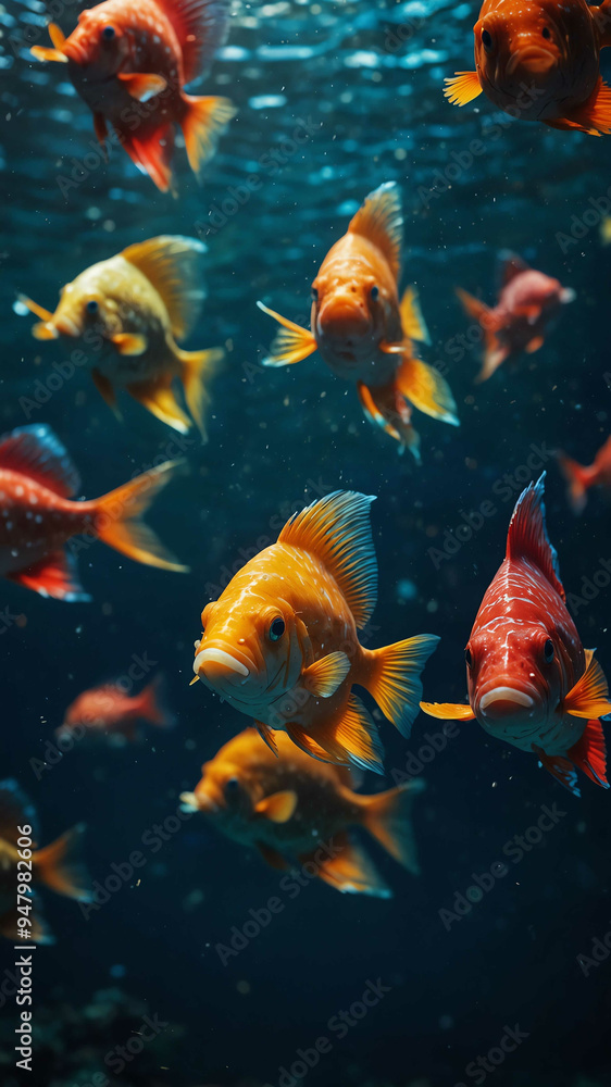 Obraz premium brightly colored fish darting around deep underwater background
