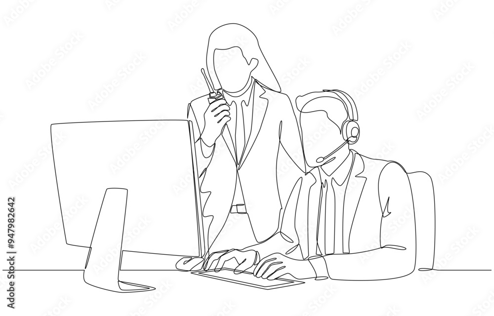 Continuous one line drawing of event manager with walkie-talkie working with colleague in control room, event organization and technical support concept, single line art. Continuous one line drawing of event manager with walkie-talkie working with colleague in control room, event organization and technical support concept, single line art.