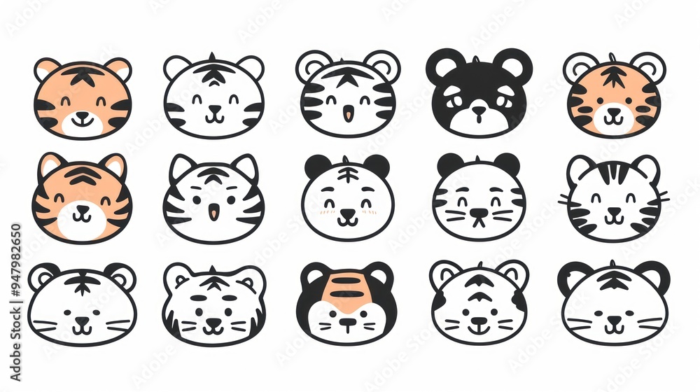Cute cartoon tiger faces in various styles.