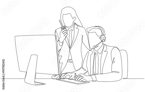 Continuous one line drawing of event manager with walkie-talkie working with colleague in control room, event organization and technical support concept, single line art.