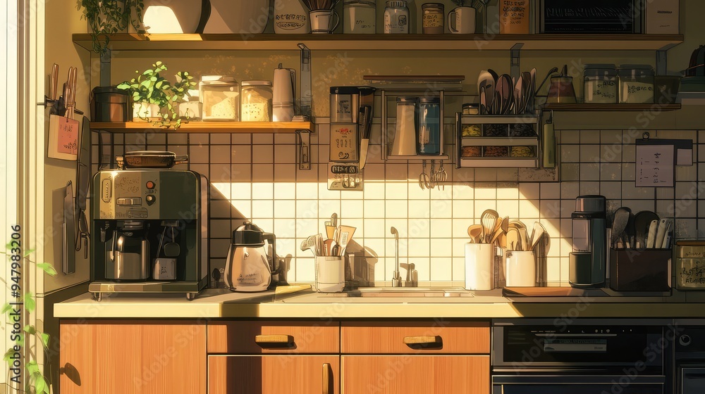 Anime kitchen corner with a compact countertop, a coffee maker, and neatly organized utensils. Anime kitchen corner with a compact countertop, a coffee maker, and neatly organized utensils.