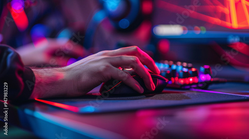 Close-up of a gaming mousepad, with a gamerâs hand swiftly moving the mouse during gameplay. photo