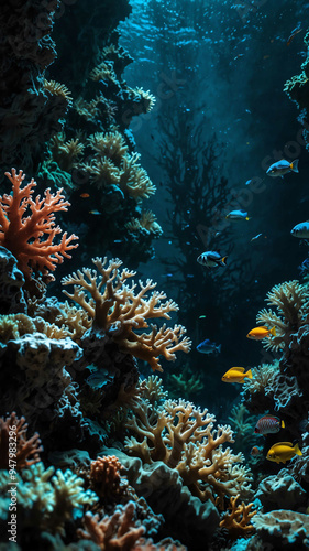creatures thriving in hidden coral crevices deep underwater background
