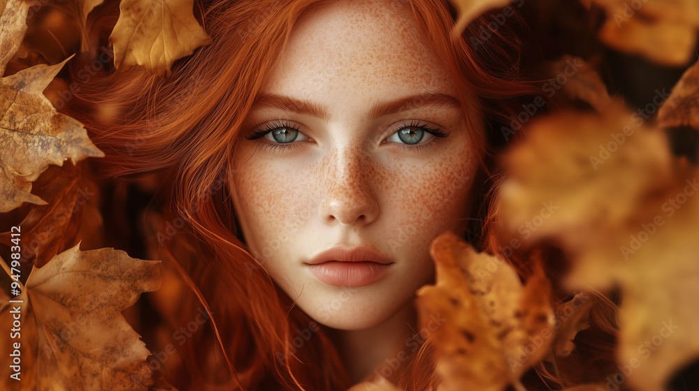 A portrait of a young woman with red hair and freckles lying among autumn leaves. Her bright blue eyes contrast strikingly with the warm tones of the surrounding leaves A portrait of a young woman with red hair and freckles lying among autumn leaves. Her bright blue eyes contrast strikingly with the warm tones of the surrounding leaves