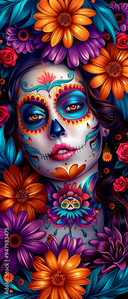 A woman with a flowery headdress and a skull on her face. The skull is surrounded by flowers and the woman's face is painted with a flowery design A woman with a flowery headdress and a skull on her face. The skull is surrounded by flowers and the woman's face is painted with a flowery design