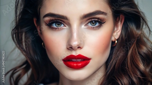 Beautiful White Girl With Red Lips Looks to the Camera