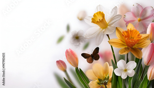Vibrant spring bouquet with daffodils, tulips, and butterflies in a bright setting celebrating nature's beauty