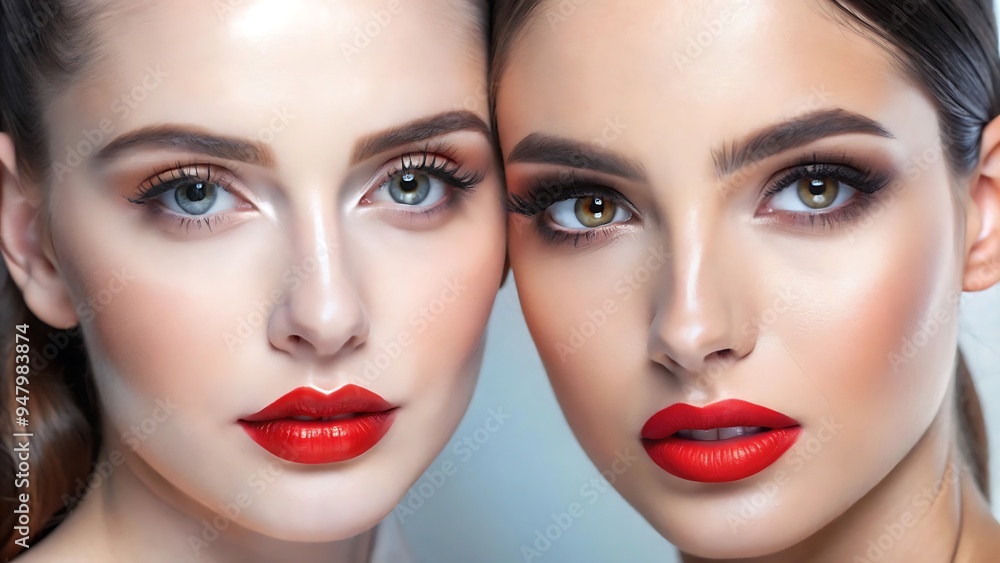 Beautiful White Girl With Red Lips Looks to the Camera