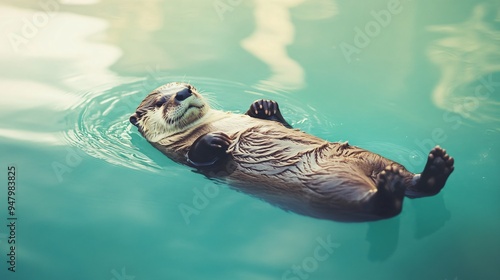 A cute otter floating on its back in a pastel aqua river, copy space