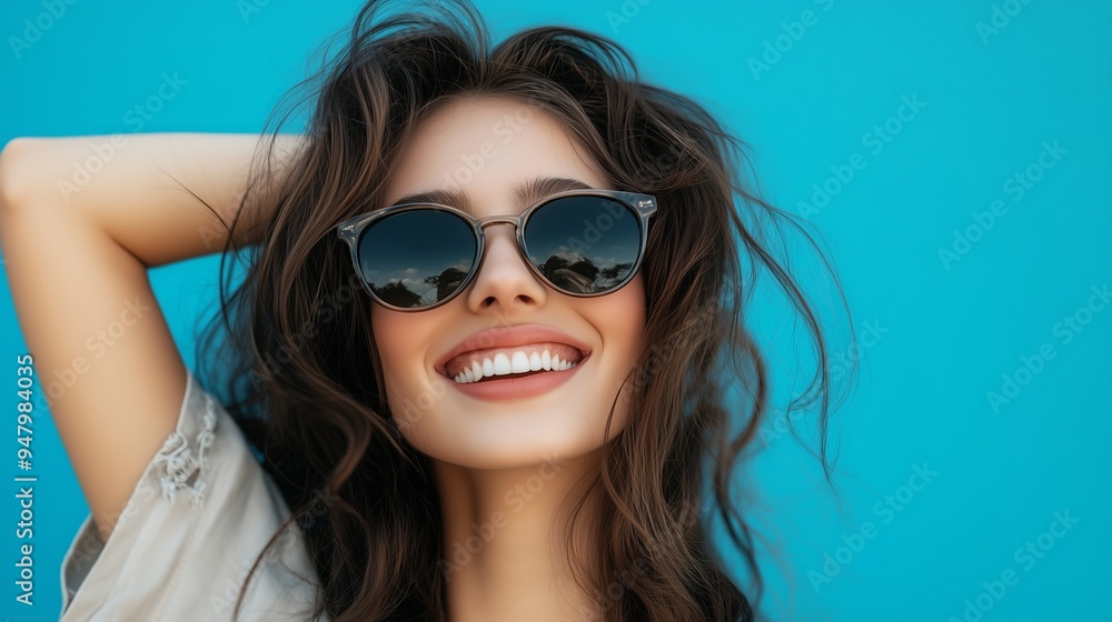 Joyful young woman in sunglasses poses against a vibrant blue background during sunny day outdoors, showcasing a carefree spirit and smile Joyful young woman in sunglasses poses against a vibrant blue background during sunny day outdoors, showcasing a carefree spirit and smile