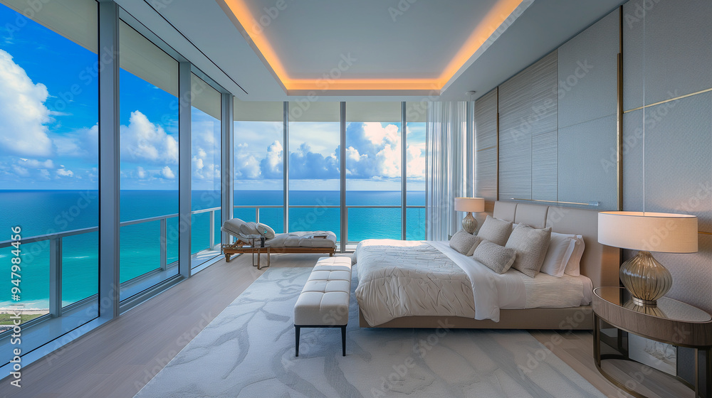 A large bedroom with a view of the ocean A large bedroom with a view of the ocean