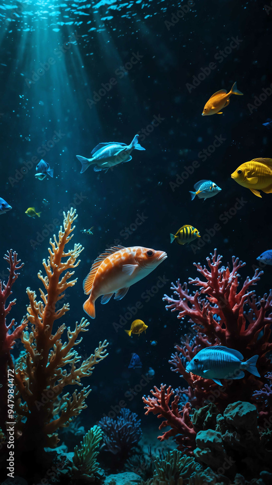 Fototapeta premium luminous underwater creatures illuminating the deep underwater background 