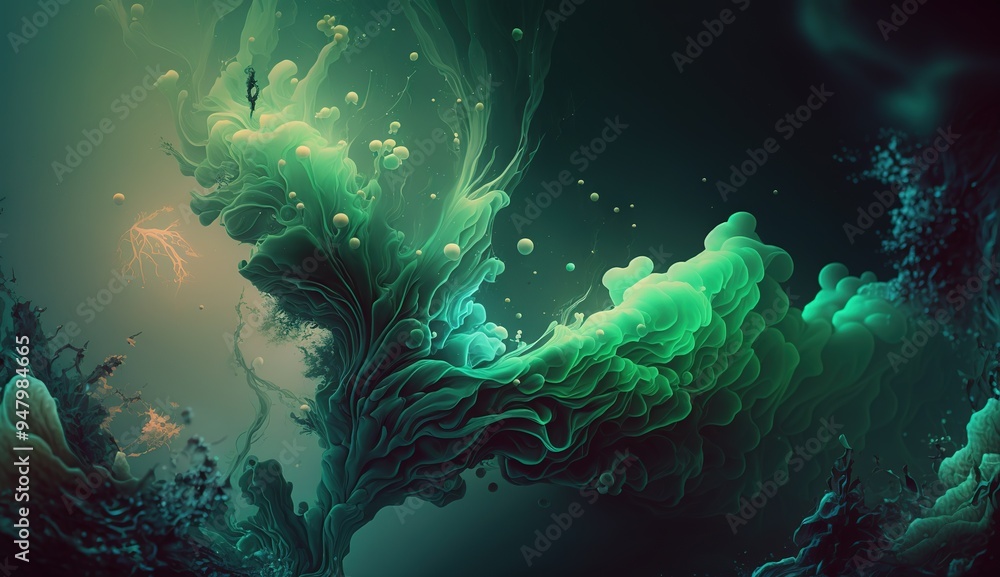 Fototapeta premium Abstract green plant-like formation with swirling textures created by fluid dynamics in a dark environment