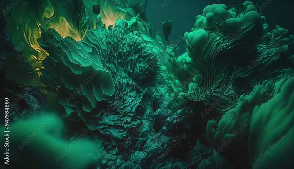 Obraz premium Abstract green plant-like formation with swirling textures created by fluid dynamics in a dark environment