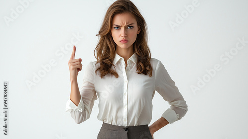 A female office worker with an angry face, pointing accusingly with one hand, isolated on a white background, wearing a formal blouse and skirt photo