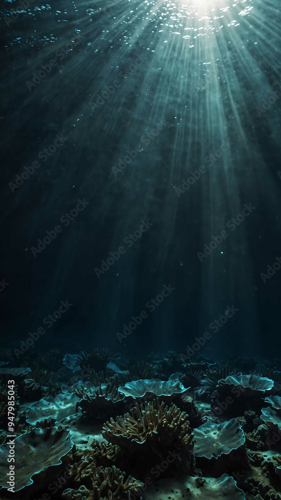 Obraz premium rays of light filtering down deep underwater background 