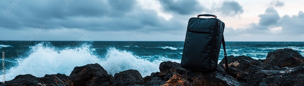 A sturdy black backpack on rugged coastal rocks with ocean waves crashing and a moody, cloudy sky in the background. A sturdy black backpack on rugged coastal rocks with ocean waves crashing and a moody, cloudy sky in the background.