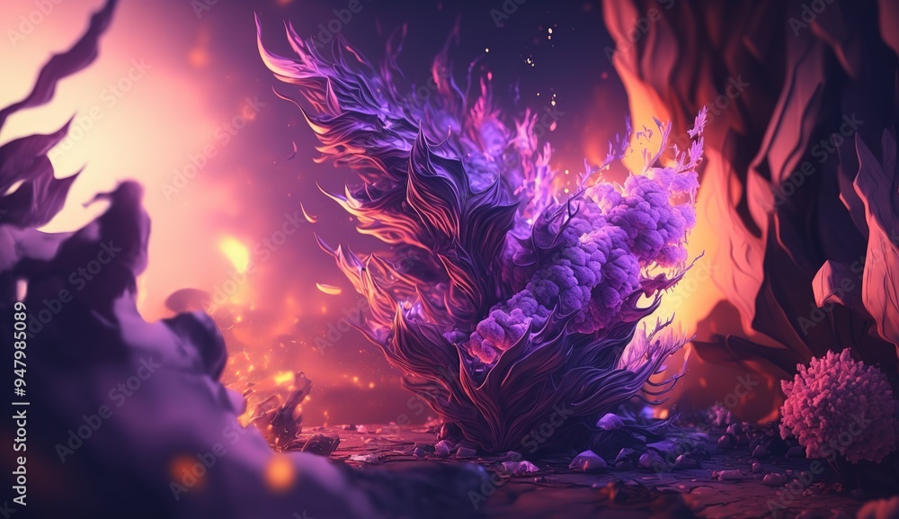 Fototapeta premium A mystical forest with towering purple crystals glowing under a twilight sky