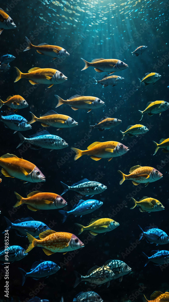 Fototapeta premium schools of vibrant fish swimming deep underwater background 