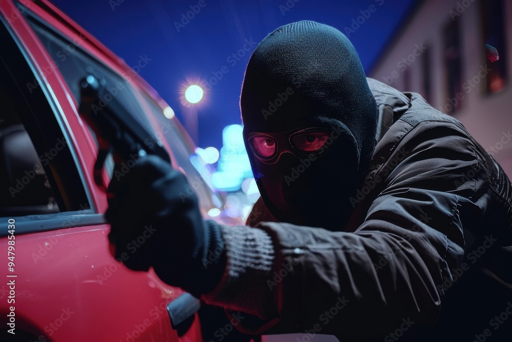 Car jacking Caucasian man with ski mask stealing a car at night. Car jacking Caucasian man with ski mask stealing a car at night.