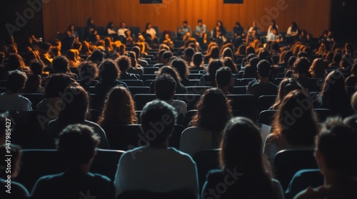 People seated in rows within a modern lecture hall, engaged in an informative presentation, highlighting the environment of contemporary academic learning and discourse.