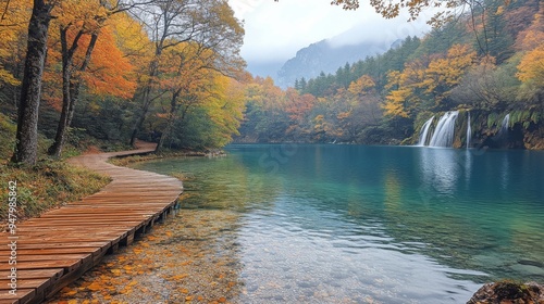 Fototapeta Naklejka Na Ścianę i Meble -  A serene forest trail winds alongside a turquoise lake surrounded by autumn foliage. This peaceful image captures the intimate beauty of nature during the fall season.