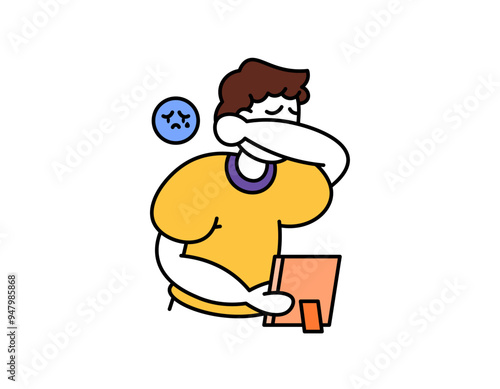 illustration of a man crying or sad when looking at a photo. sad because of looking at a photo of memories. outline style character design. graphic elements