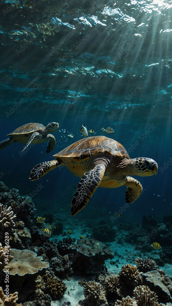 Fototapeta premium turtles navigating through coral reefs deep underwater background 