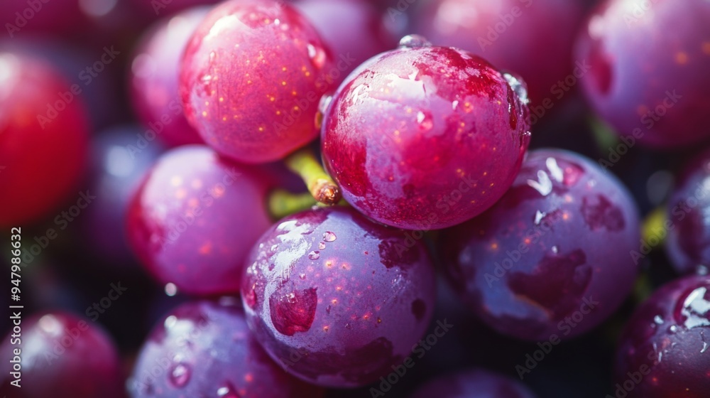 A detailed close-up image showcasing red and purple grapes, freshly picked and adorned with sparkling water droplets, highlighting the texture and vibrant colors. A detailed close-up image showcasing red and purple grapes, freshly picked and adorned with sparkling water droplets, highlighting the texture and vibrant colors.