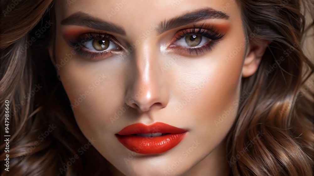 Fototapeta premium Beautiful White Girl With Red Lips Looks to the Camera