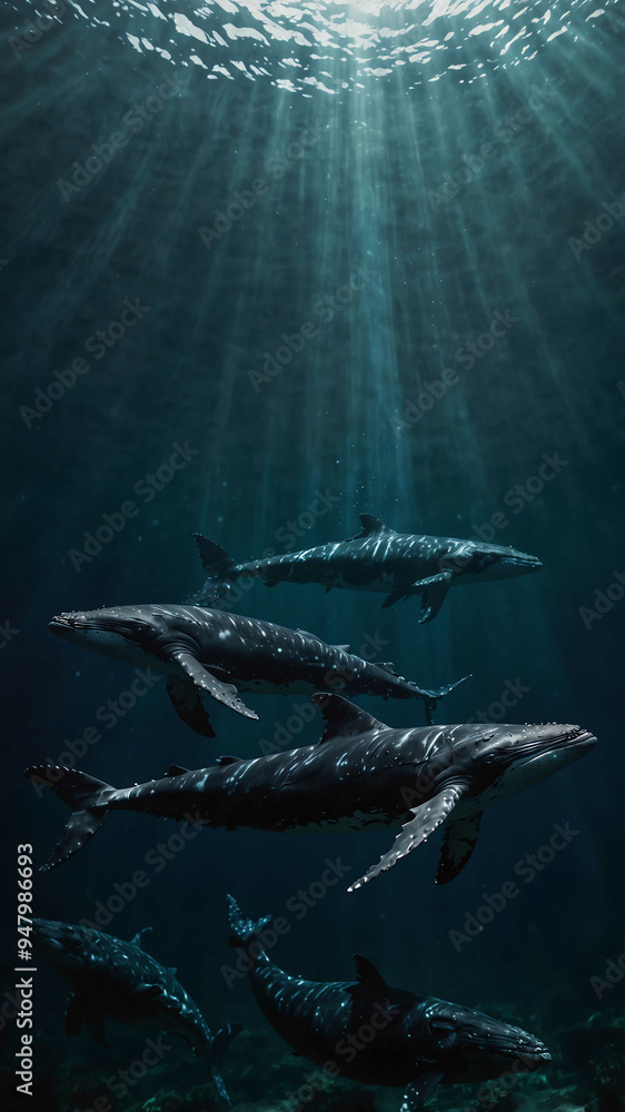 Fototapeta premium whales majestically swimming in the deep underwater background 