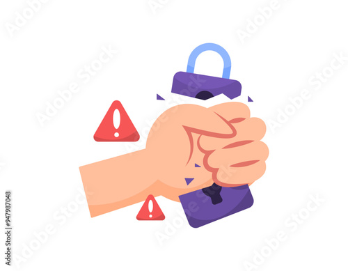 illustration of a hand holding a padlock until it breaks. breaking a padlock. breaking a security system. warning of danger if the security system has been broken. flat style design. graphic elements