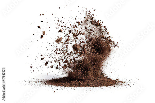 Power of nature flying and scattered soil dirt in the air, isolated on a white background.