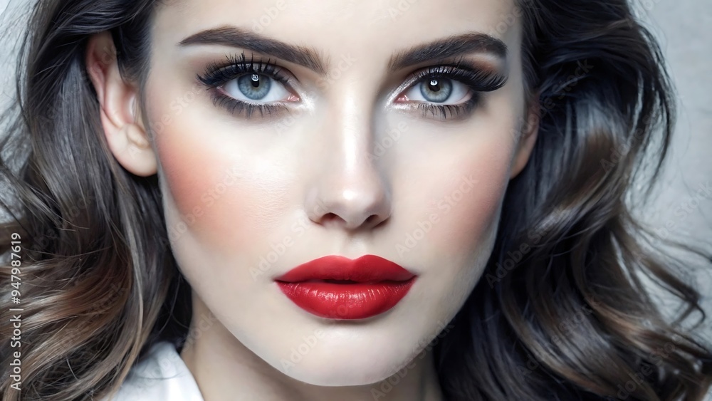 Fototapeta premium Beautiful White Girl With Red Lips Looks to the Camera