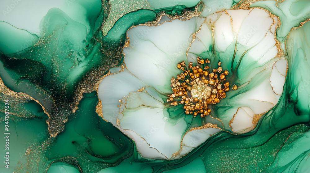 Delicate white flower with golden details set against a lush green and turquoise abstract background in contemporary art piece Delicate white flower with golden details set against a lush green and turquoise abstract background in contemporary art piece