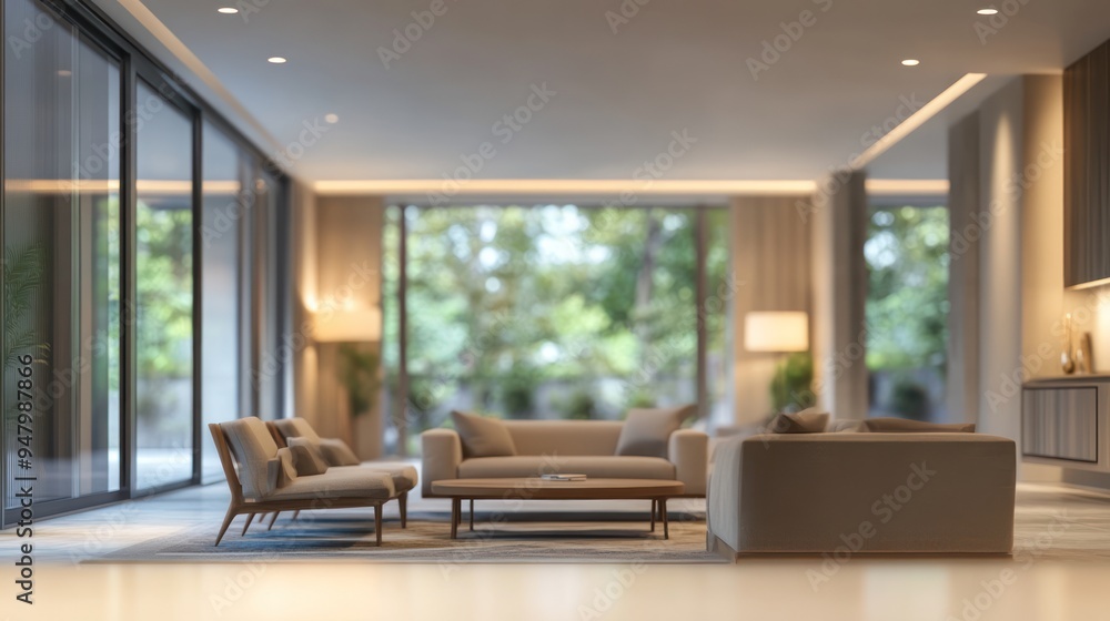 Fototapeta premium Modern Living Room with Beige Couches and a Coffee Table