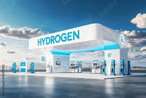 An imaginative representation of a hydrogen gas station facility photo