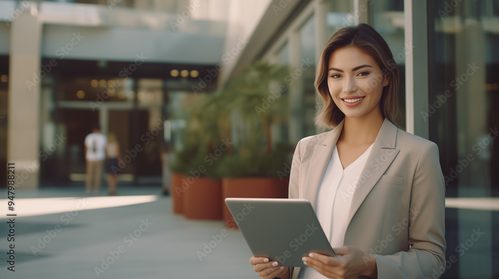 Smiling young middle businesswoman using table pc application for online remote work at office business building outdoors, woman holding digital computer Smiling young middle businesswoman using table pc application for online remote work at office business building outdoors, woman holding digital computer
