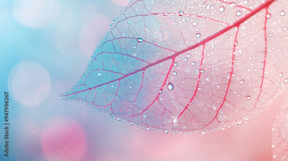 A close-up view of a vibrant leaf adorned with raindrops set against a colorful background in a serene atmosphere A close-up view of a vibrant leaf adorned with raindrops set against a colorful background in a serene atmosphere