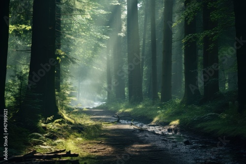 A magical forest nature landscape sunlight.