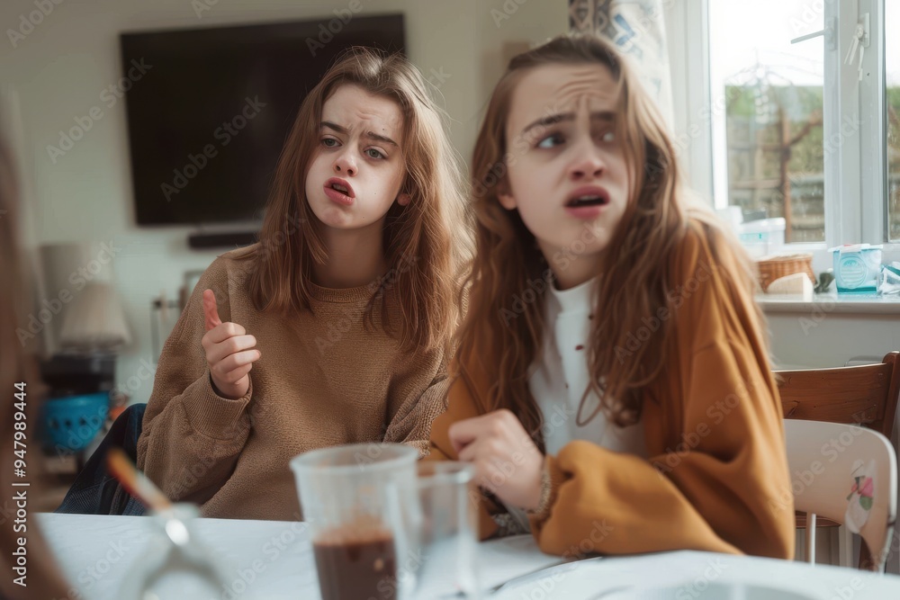 teenage sisters expressing annoyance during an argument at a dining table teenage sisters expressing annoyance during an argument at a dining table